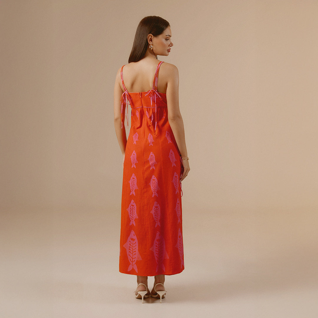 Orange Fish Print Lace-Up Cotton Dress