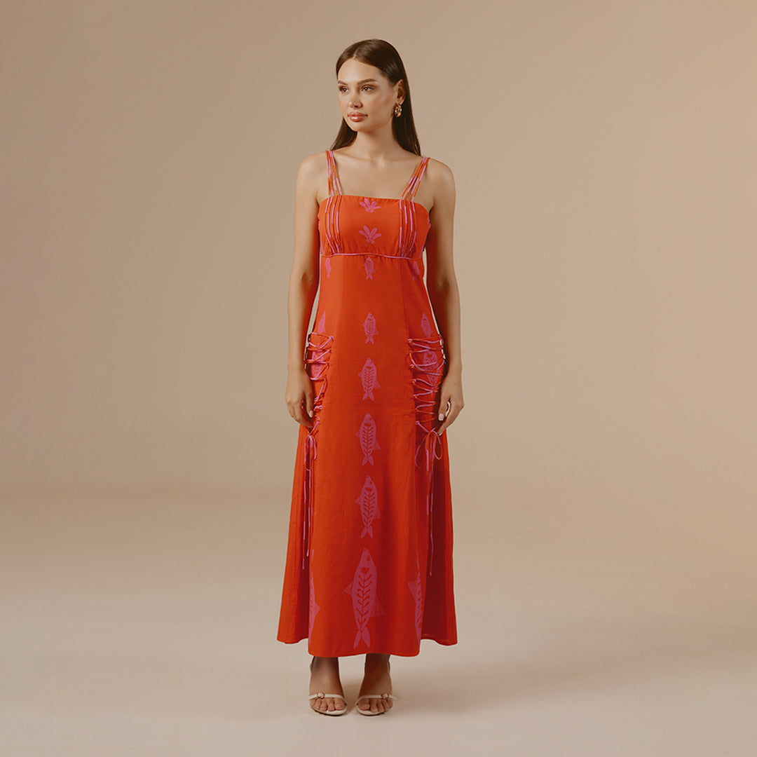 Orange Fish Print Lace-Up Cotton Dress