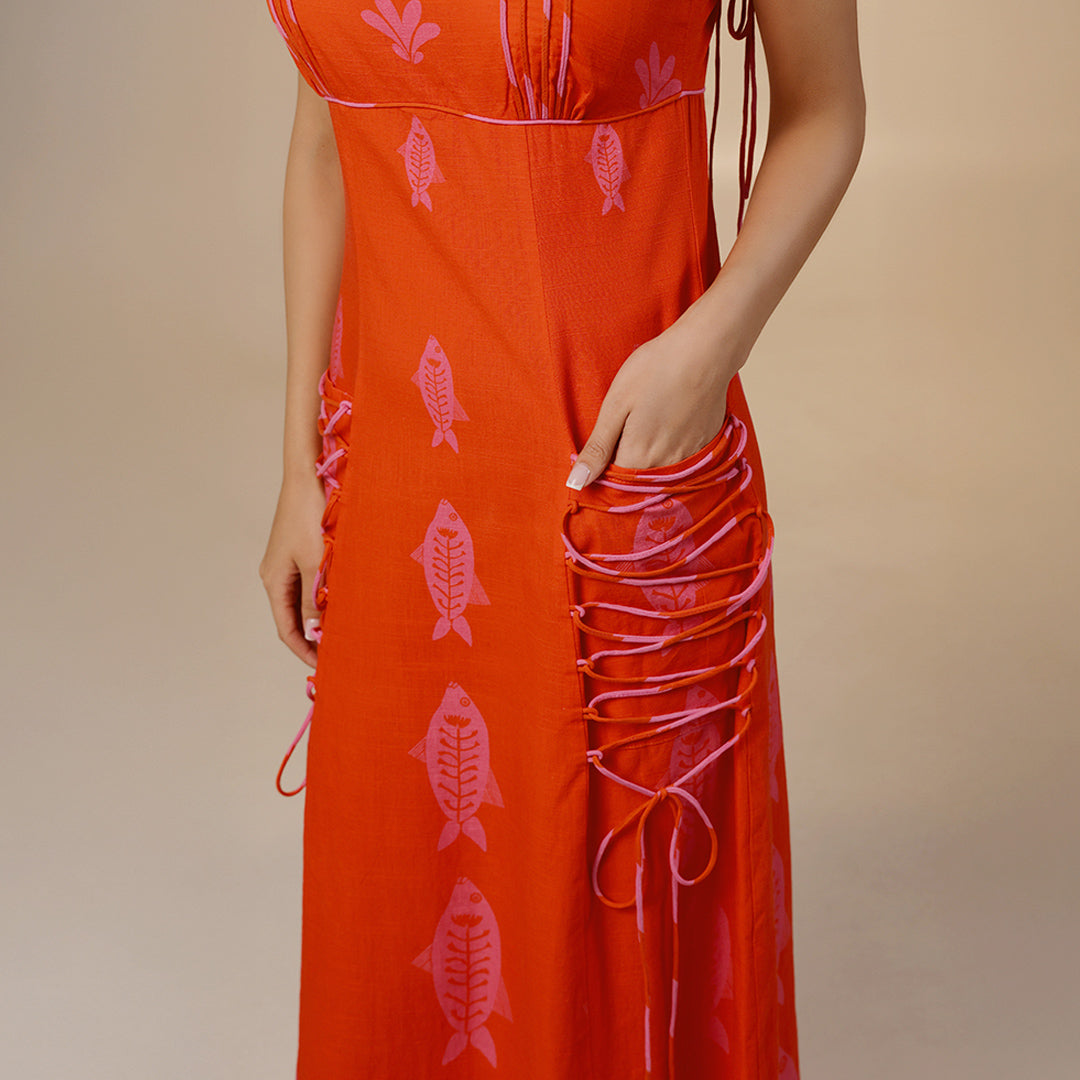 Orange Fish Print Lace-Up Cotton Dress