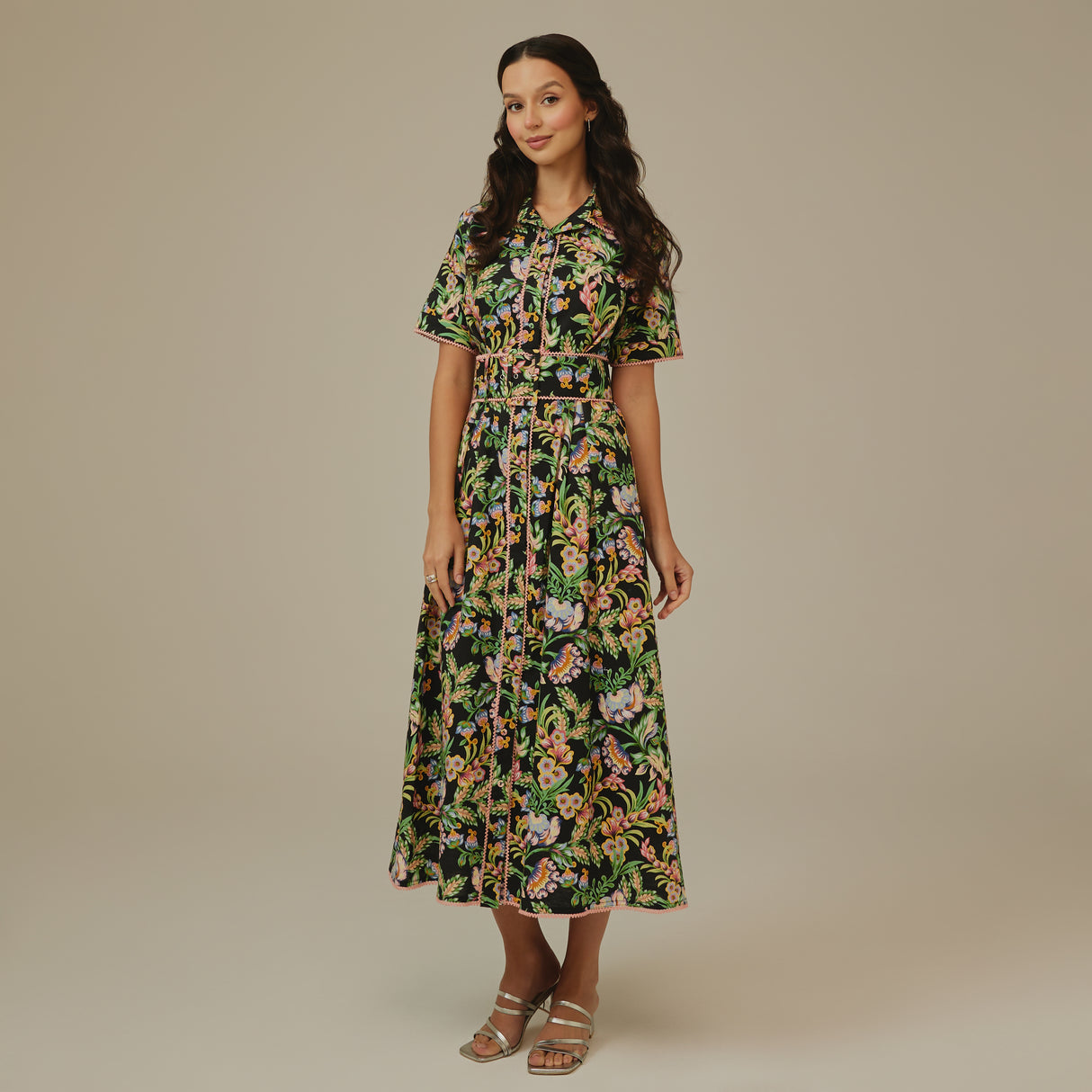 Black Floral Linen Shirt Dress