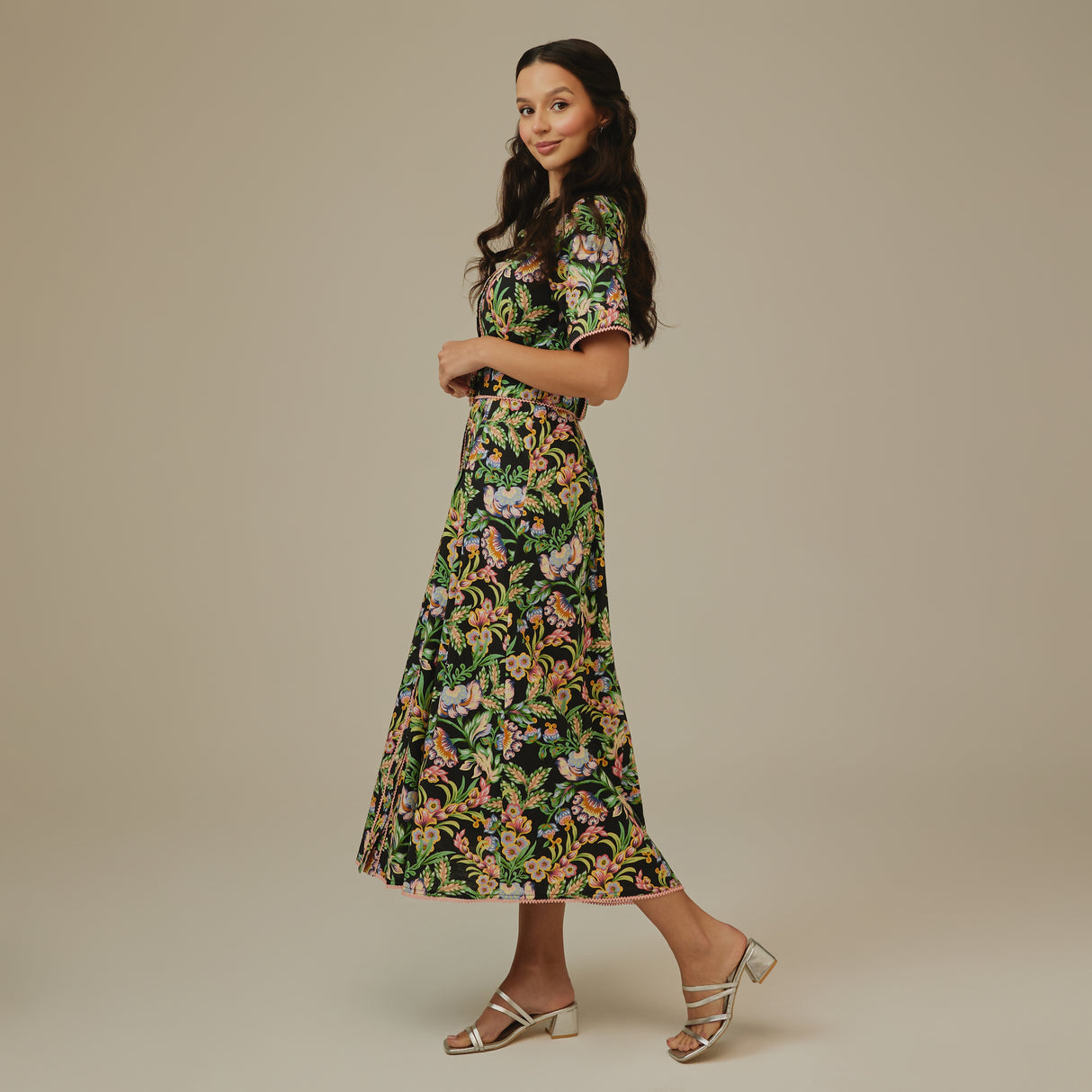 Black Floral Linen Shirt Dress