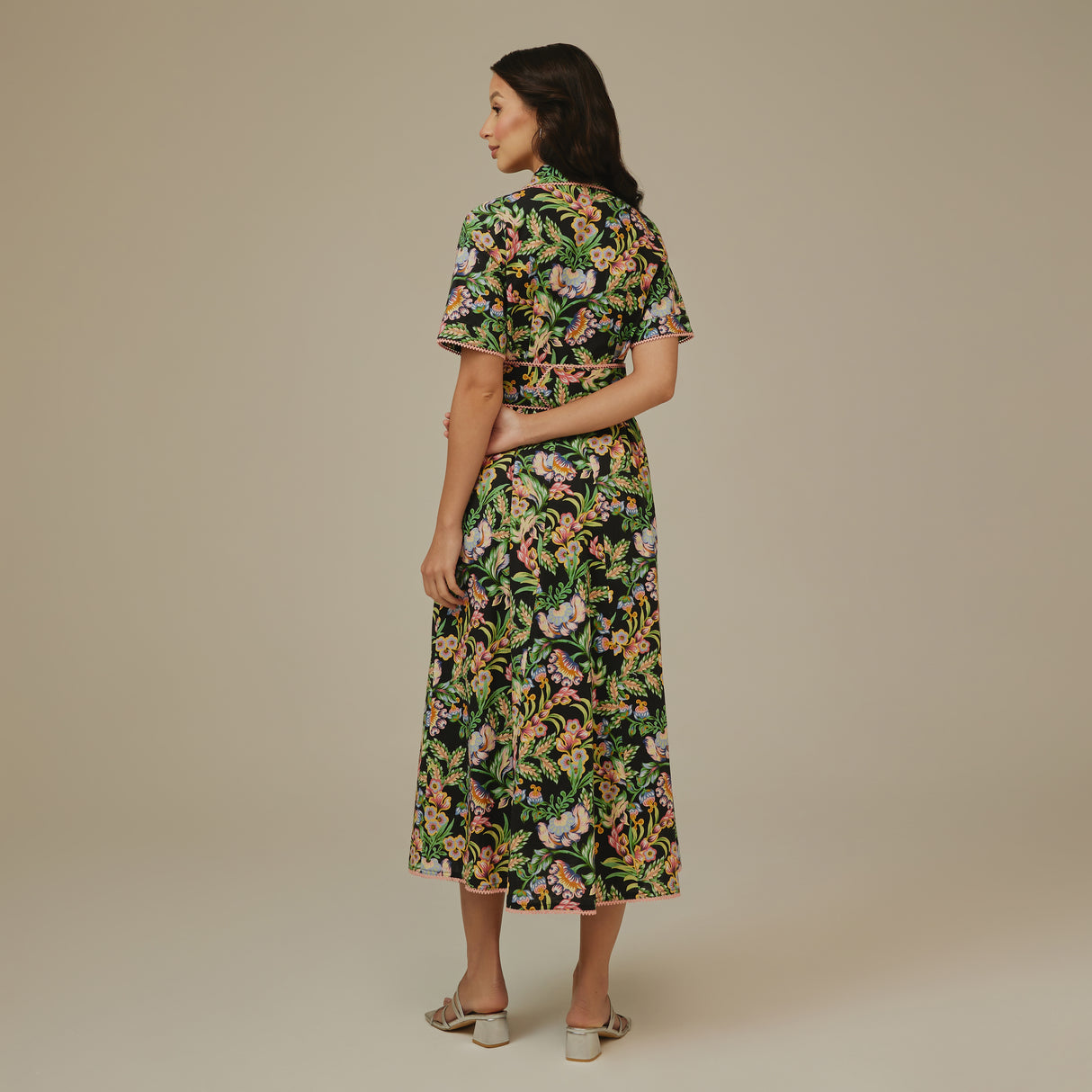 Black Floral Linen Shirt Dress