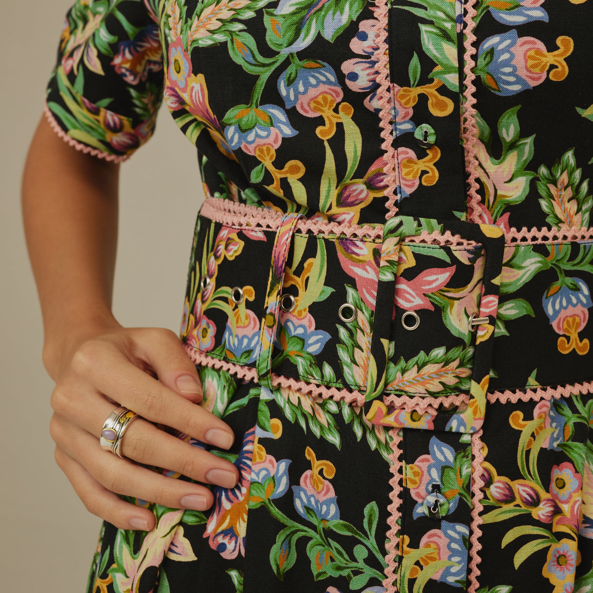 Black Floral Linen Shirt Dress