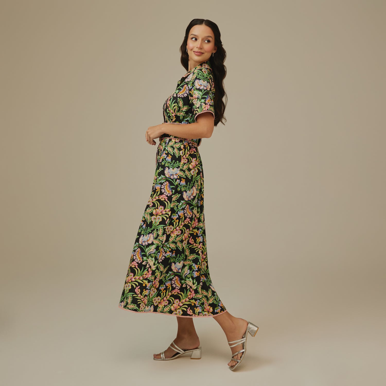 Black Floral Linen Shirt Dress