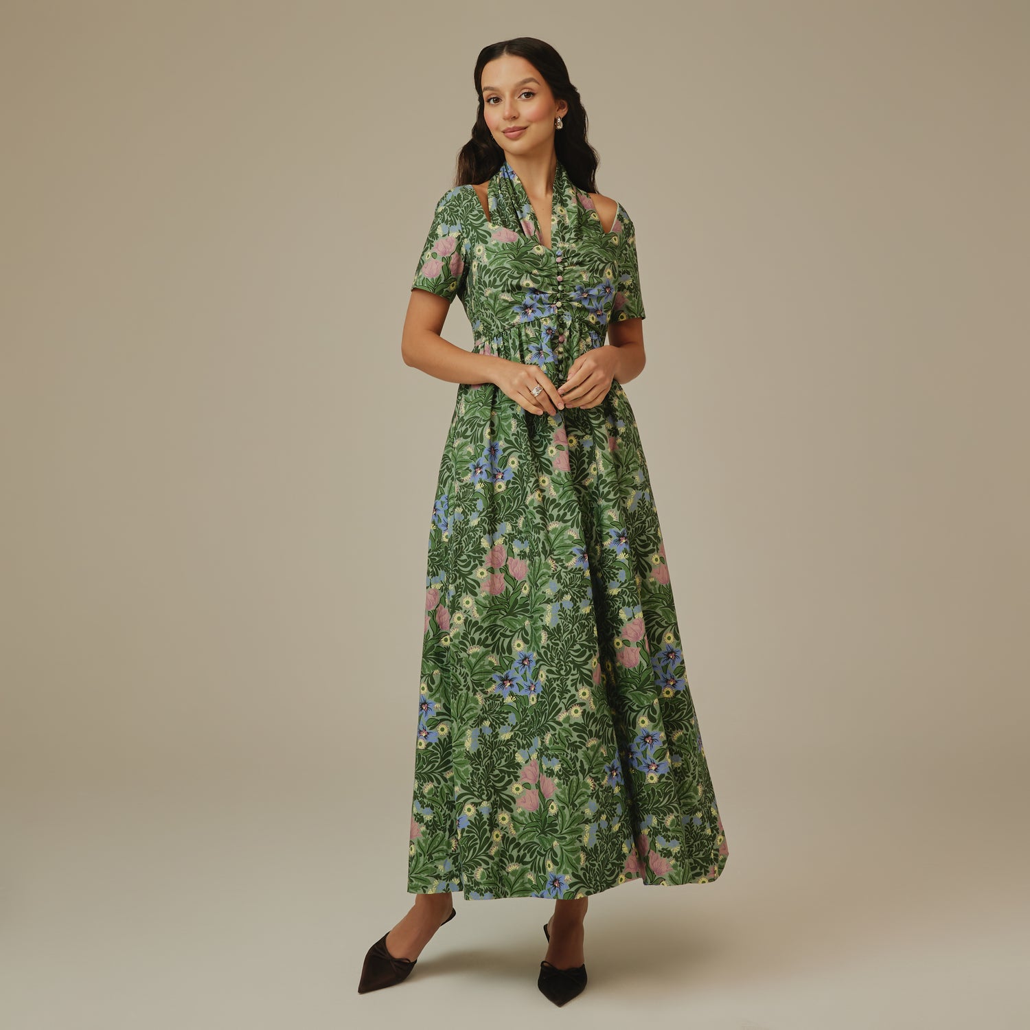 Green Botanical Linen Dress