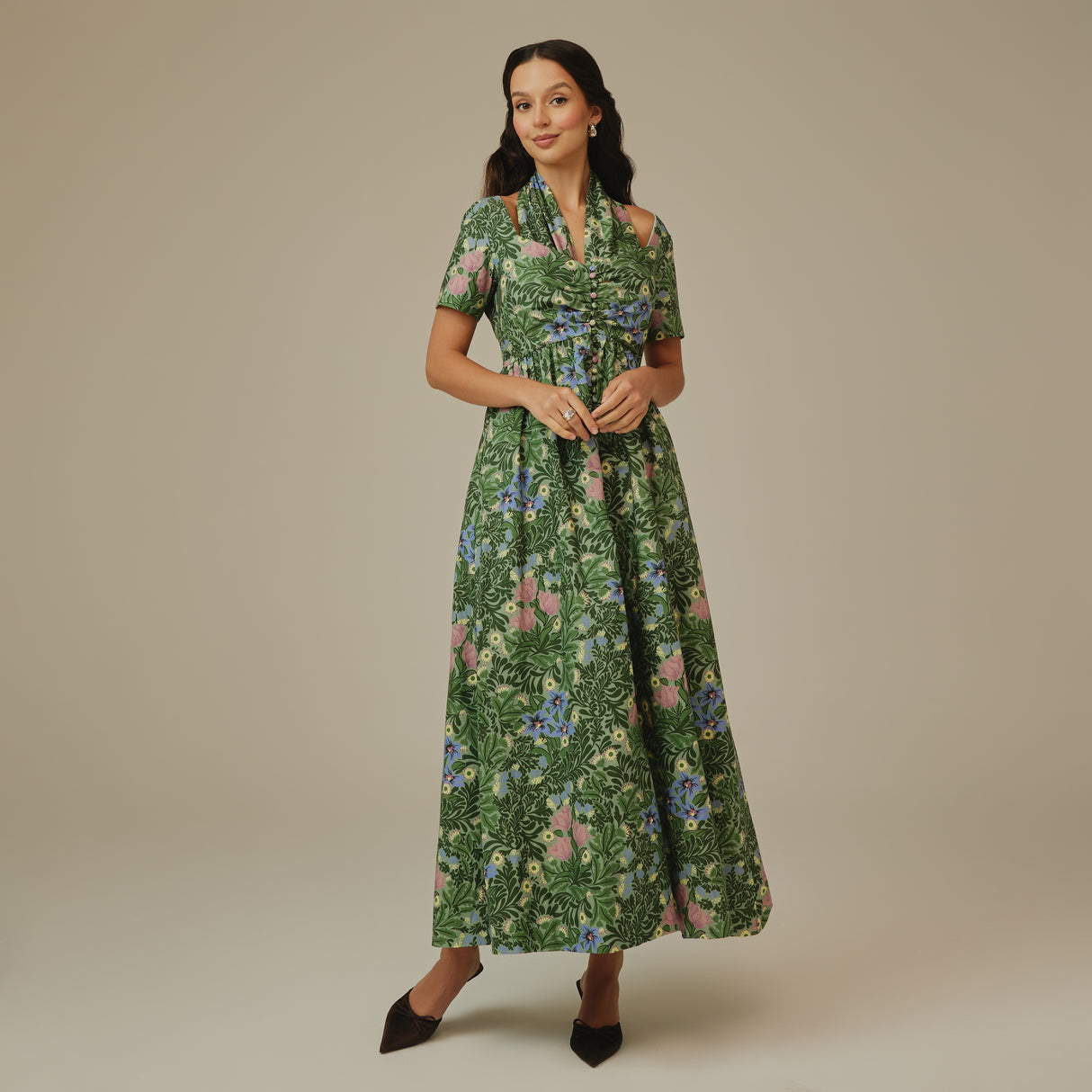 Green Botanical Linen Dress
