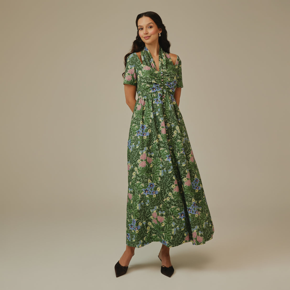 Green Botanical Linen Dress
