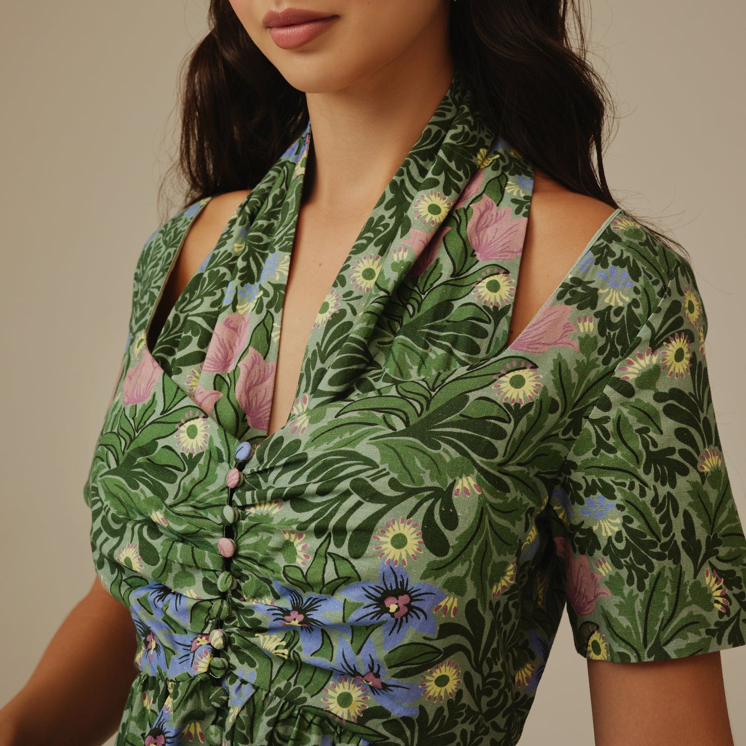 Green Botanical Linen Dress