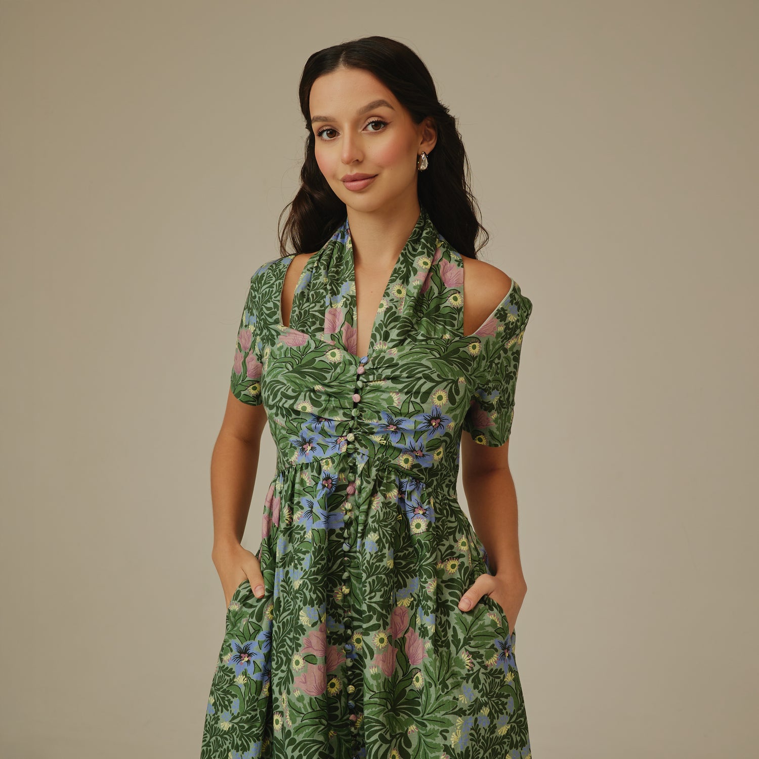 Green Botanical Linen Dress