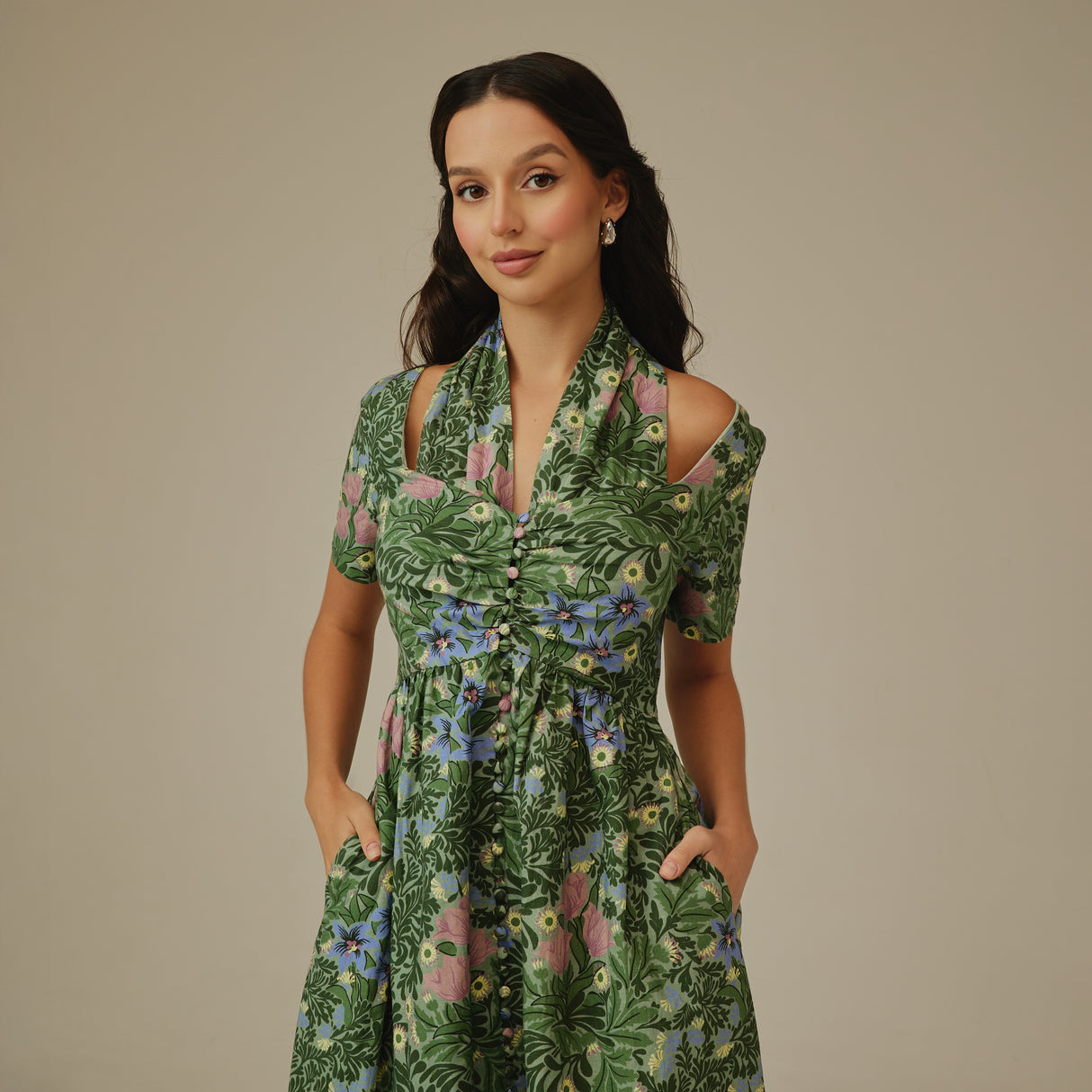 Green Botanical Linen Dress