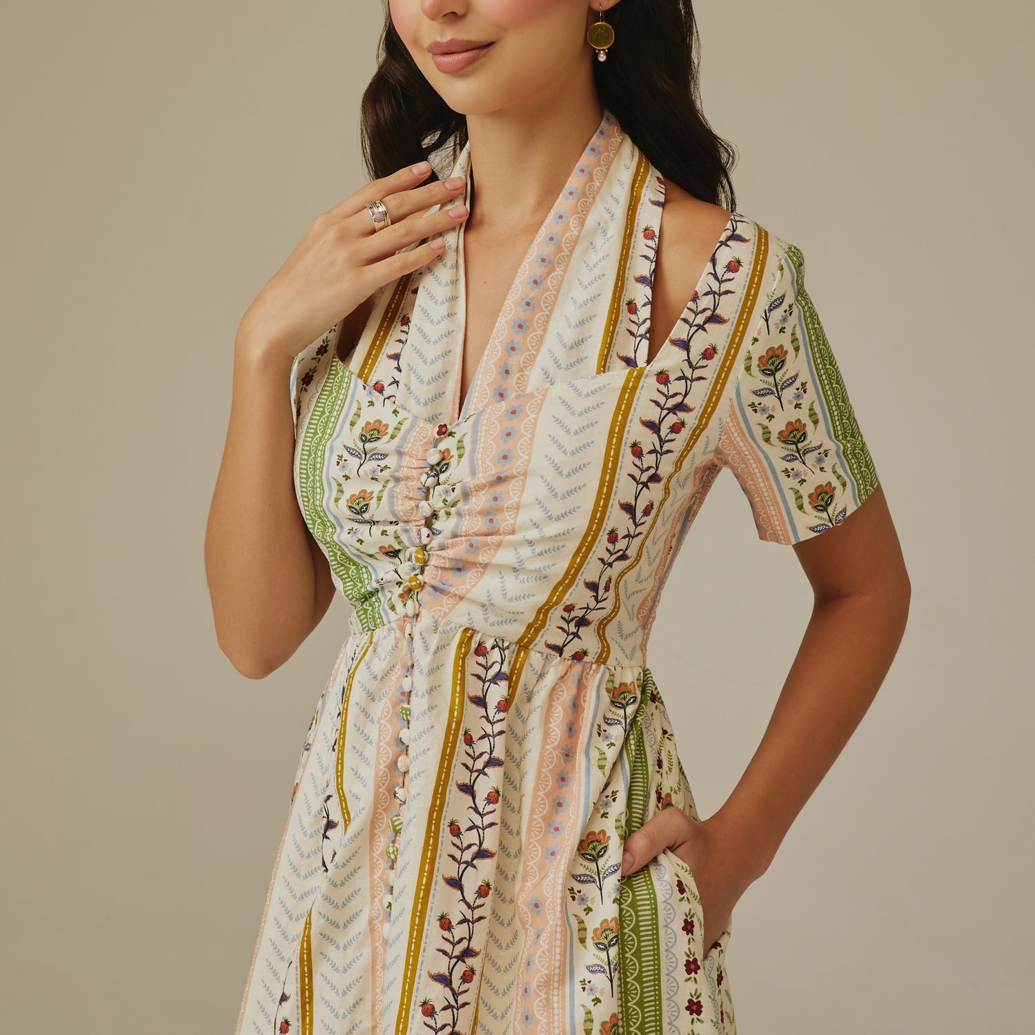 Striped Floral Linen Dress