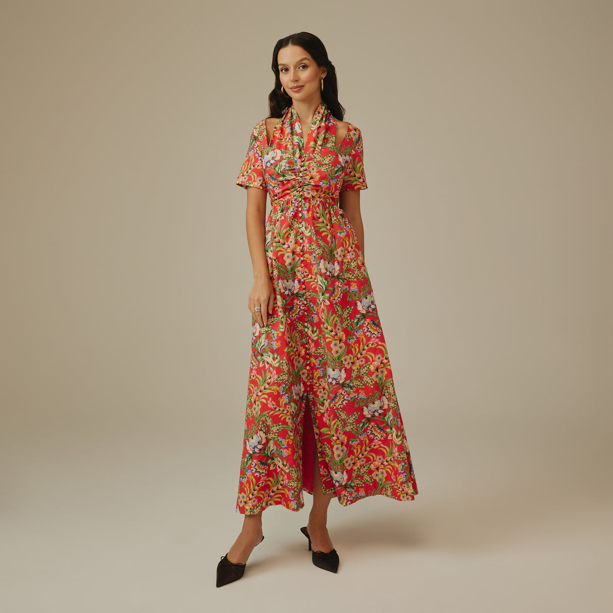 Red Floral Linen Dress