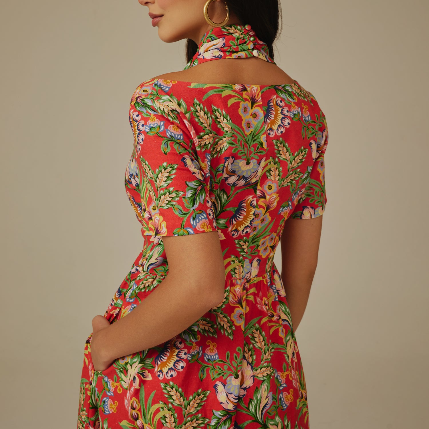 Red Floral Linen Dress