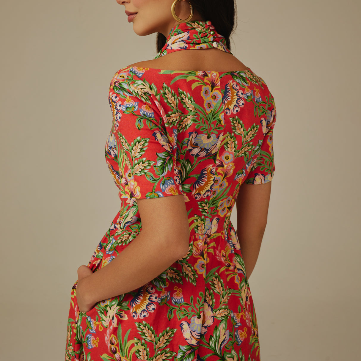 Red Floral Linen Dress