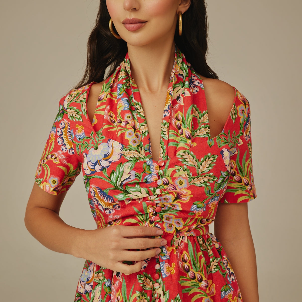 Red Floral Linen Dress