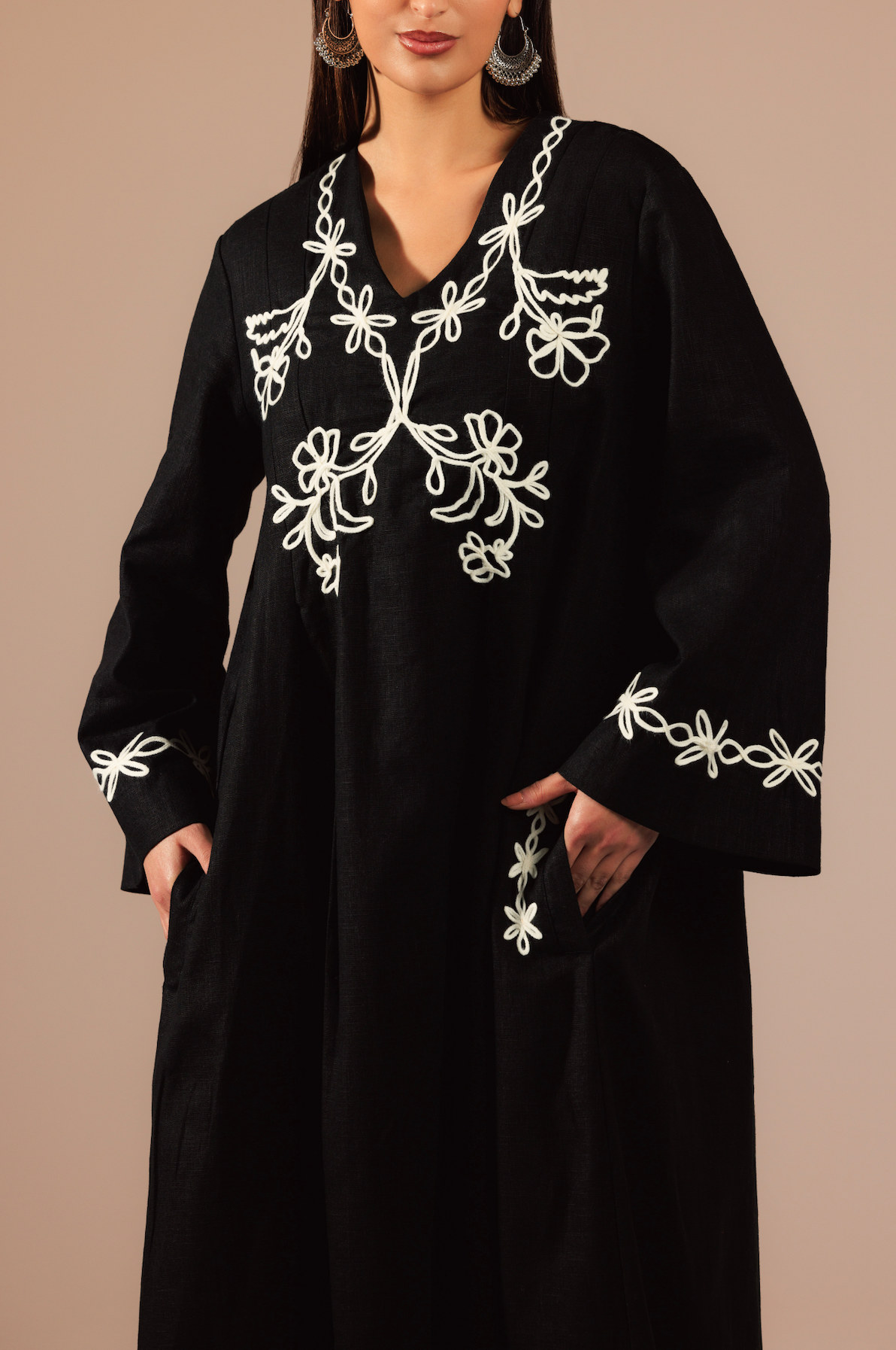 Black Linen Kaftan with White Flower Embroidery