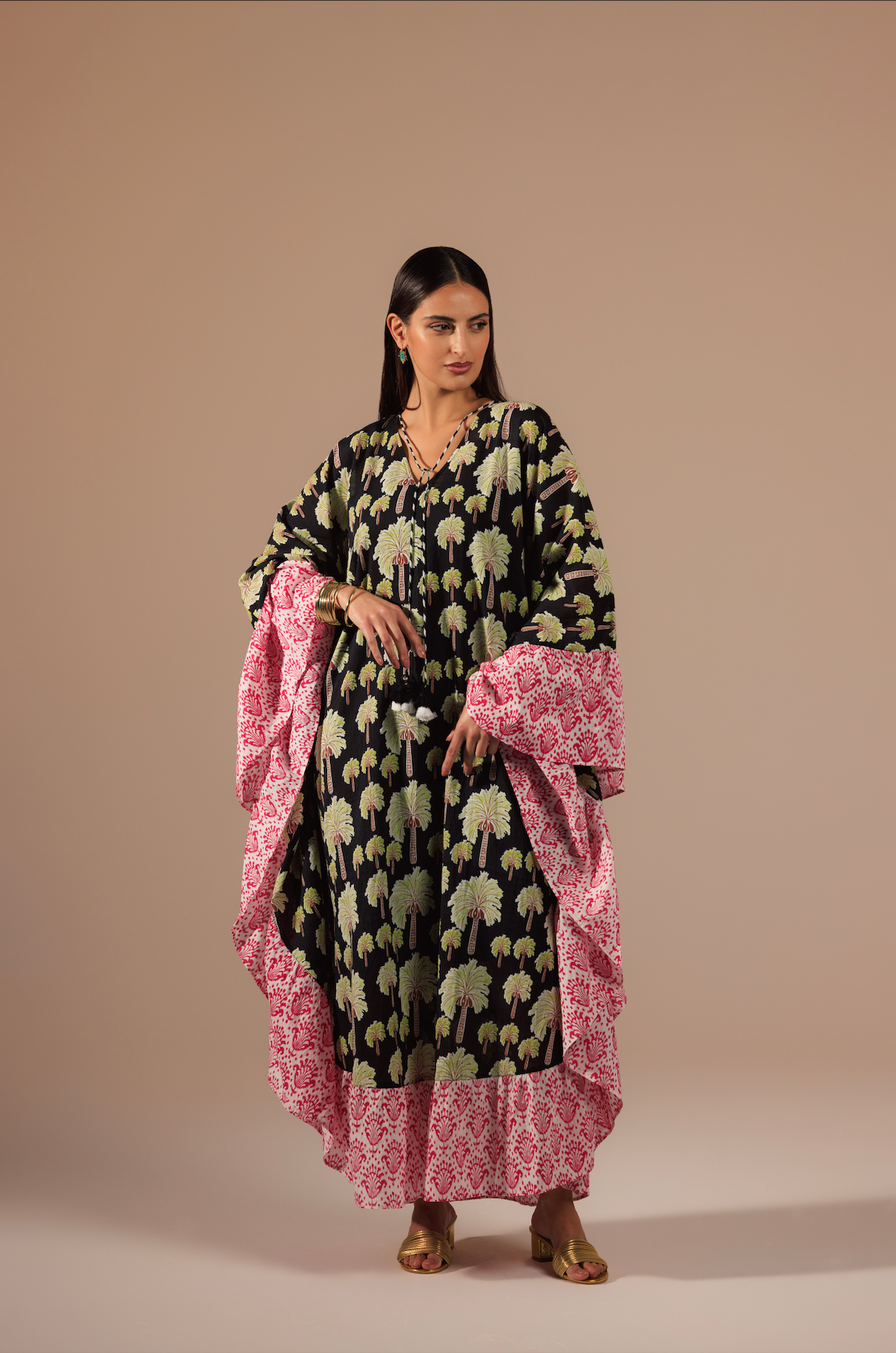 Palm Tree Printed Kaftan with Fuchsia Printed Ruffle and Tassel Accents