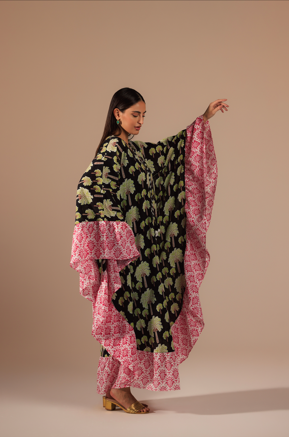 Palm Tree Printed Kaftan with Fuchsia Printed Ruffle and Tassel Accents