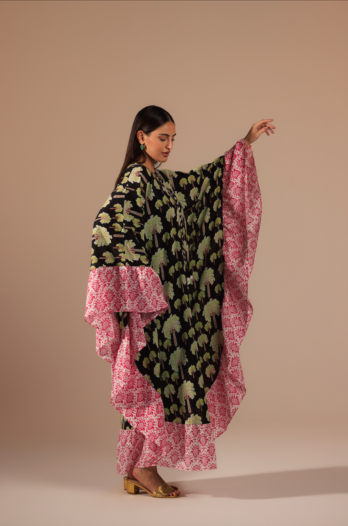 Palm Tree Printed Kaftan with Fuchsia Printed Ruffle and Tassel Accents