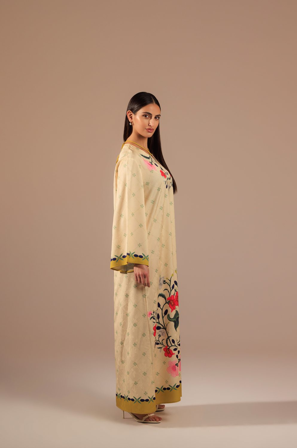 Vibrant Pomegranate Print Satin Jacquard Kaftan