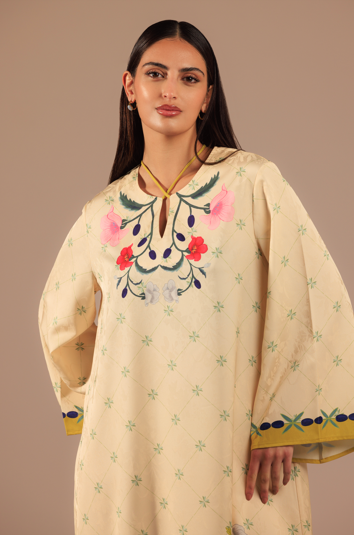 Vibrant Pomegranate Print Satin Jacquard Kaftan