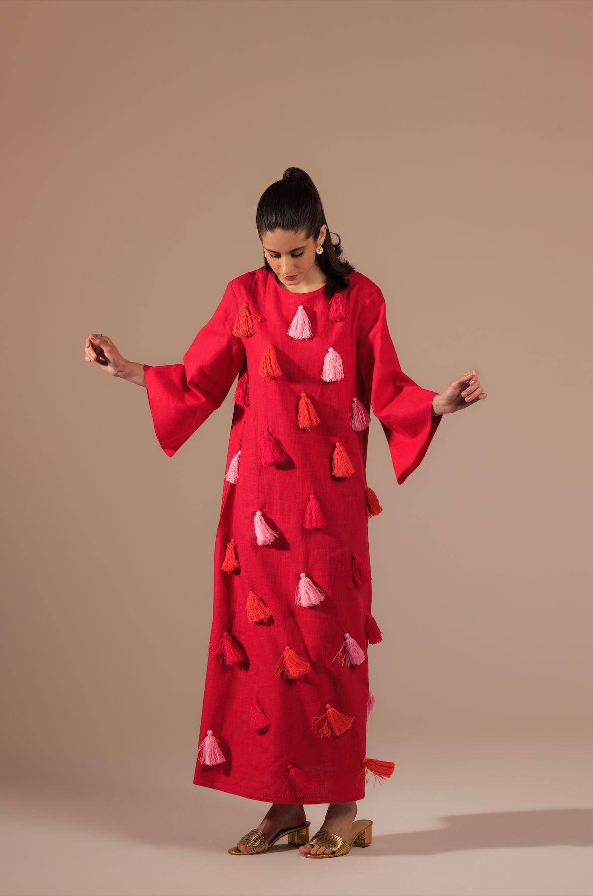 Fuchsia Vibrant Linen with Diagonal Tassels in Pink and Orange Kaftan