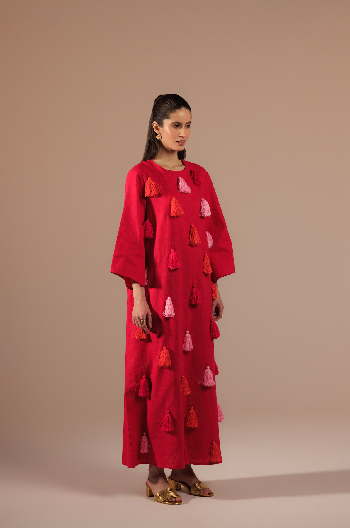 Fuchsia Vibrant Linen with Diagonal Tassels in Pink and Orange Kaftan