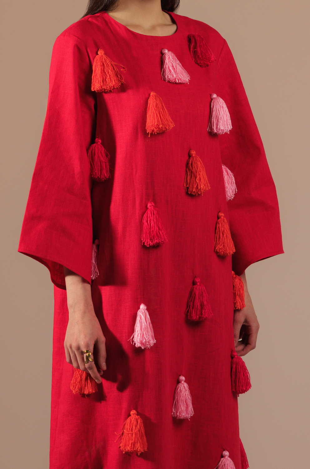 Fuchsia Vibrant Linen with Diagonal Tassels in Pink and Orange Kaftan