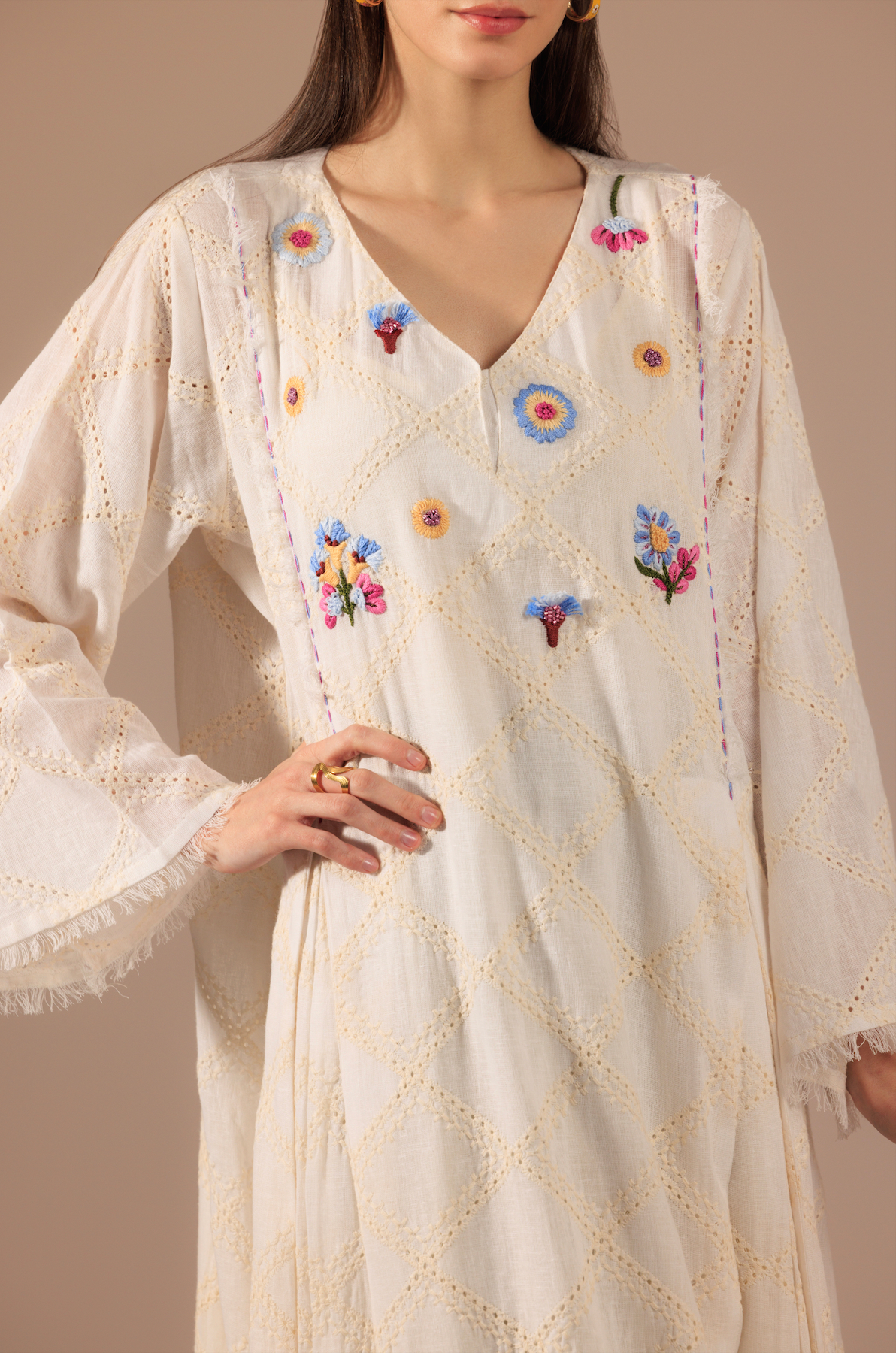 Off-White Cotton Self Embroidered Kaftan with Colorful Bust Embroidery