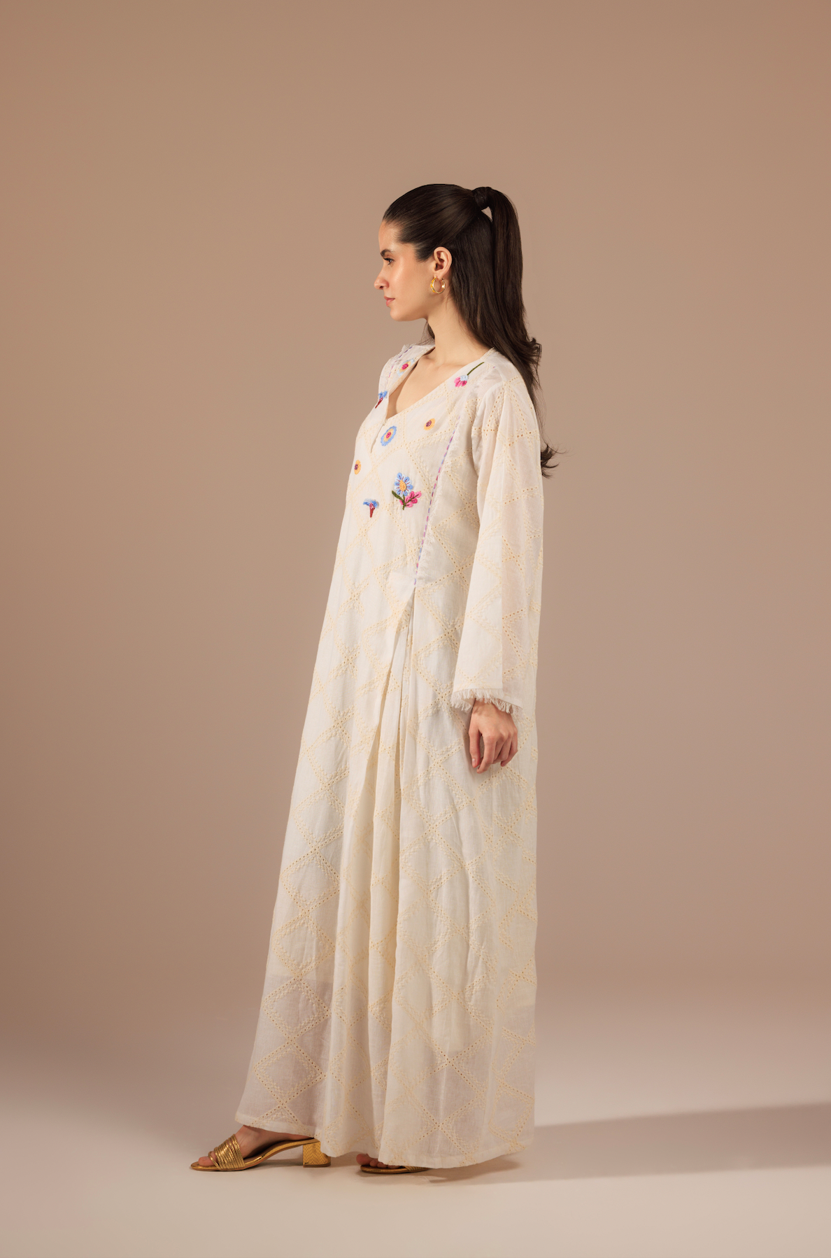 Off-White Cotton Self Embroidered Kaftan with Colorful Bust Embroidery