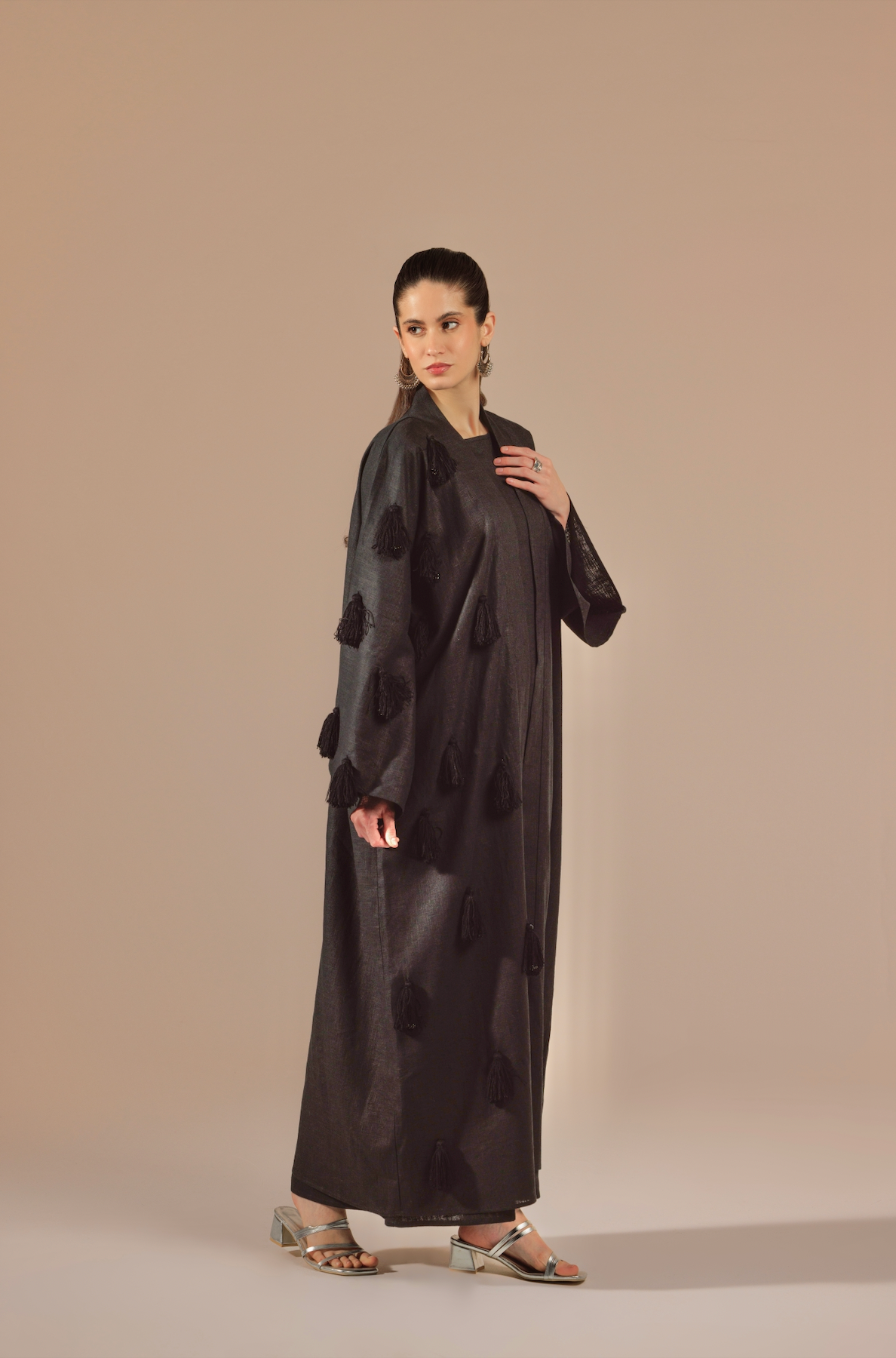 Luxe Black Linen Abaya Kimono with Beaded Black-on-Black Tassels