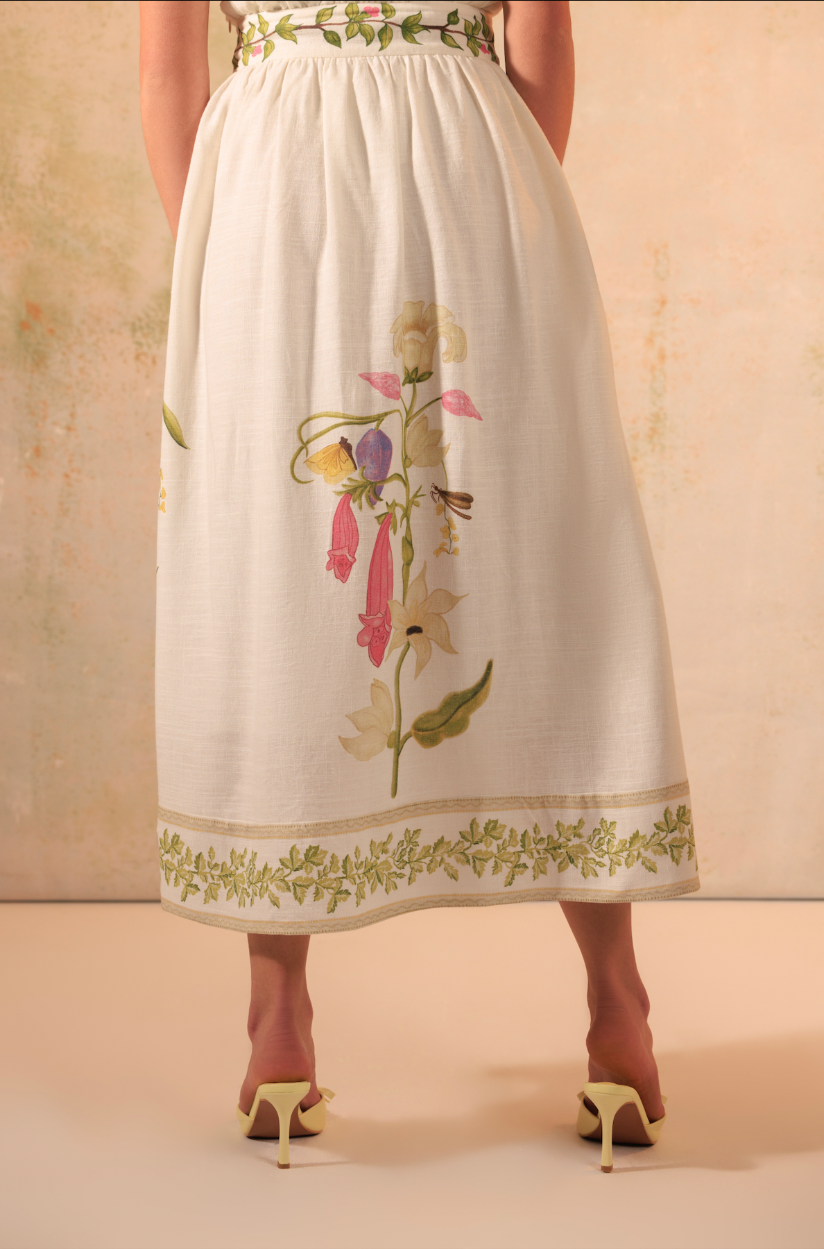 Tropical Harmony: Floral Placement Printed Linen Top & Midi Skirt Set