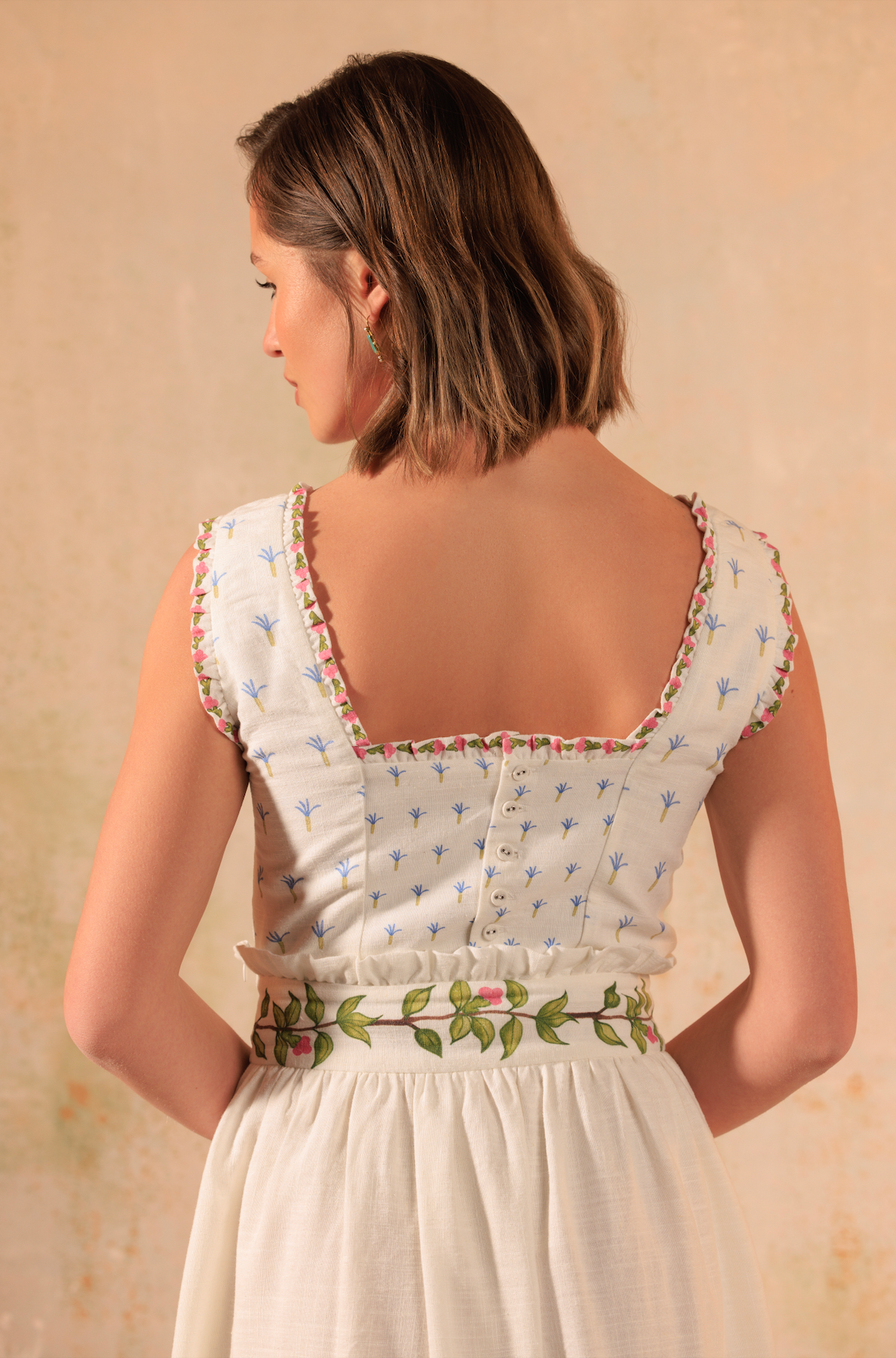 Tropical Harmony: Floral Placement Printed Linen Top & Midi Skirt Set