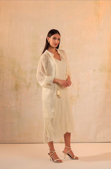Pearl Off-White Crinkled Chiffon Shirt Dress