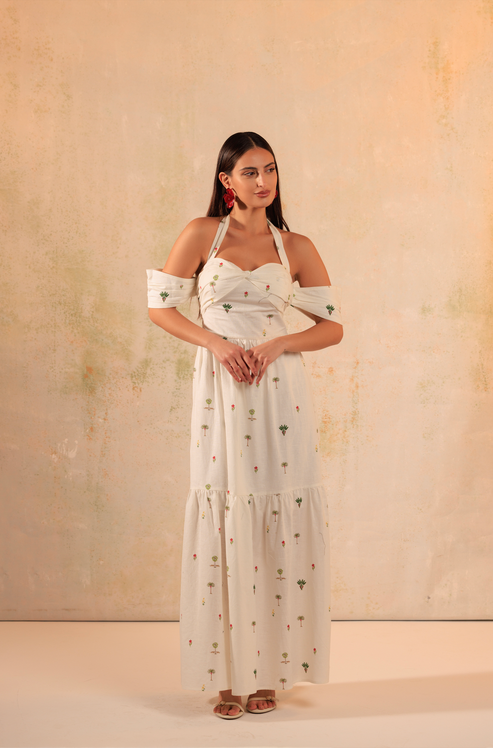 White Tropical Whisper: Tie Neck Maxi Linen Dress