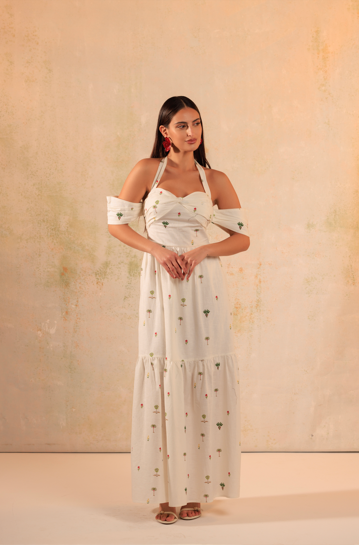 White Tropical Whisper: Tie Neck Maxi Linen Dress