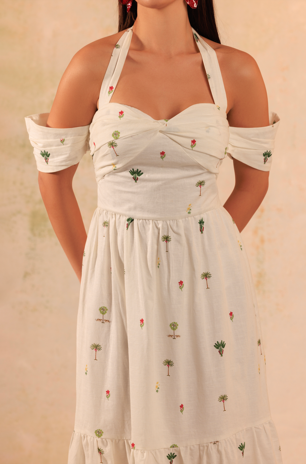 White Tropical Whisper: Tie Neck Maxi Linen Dress