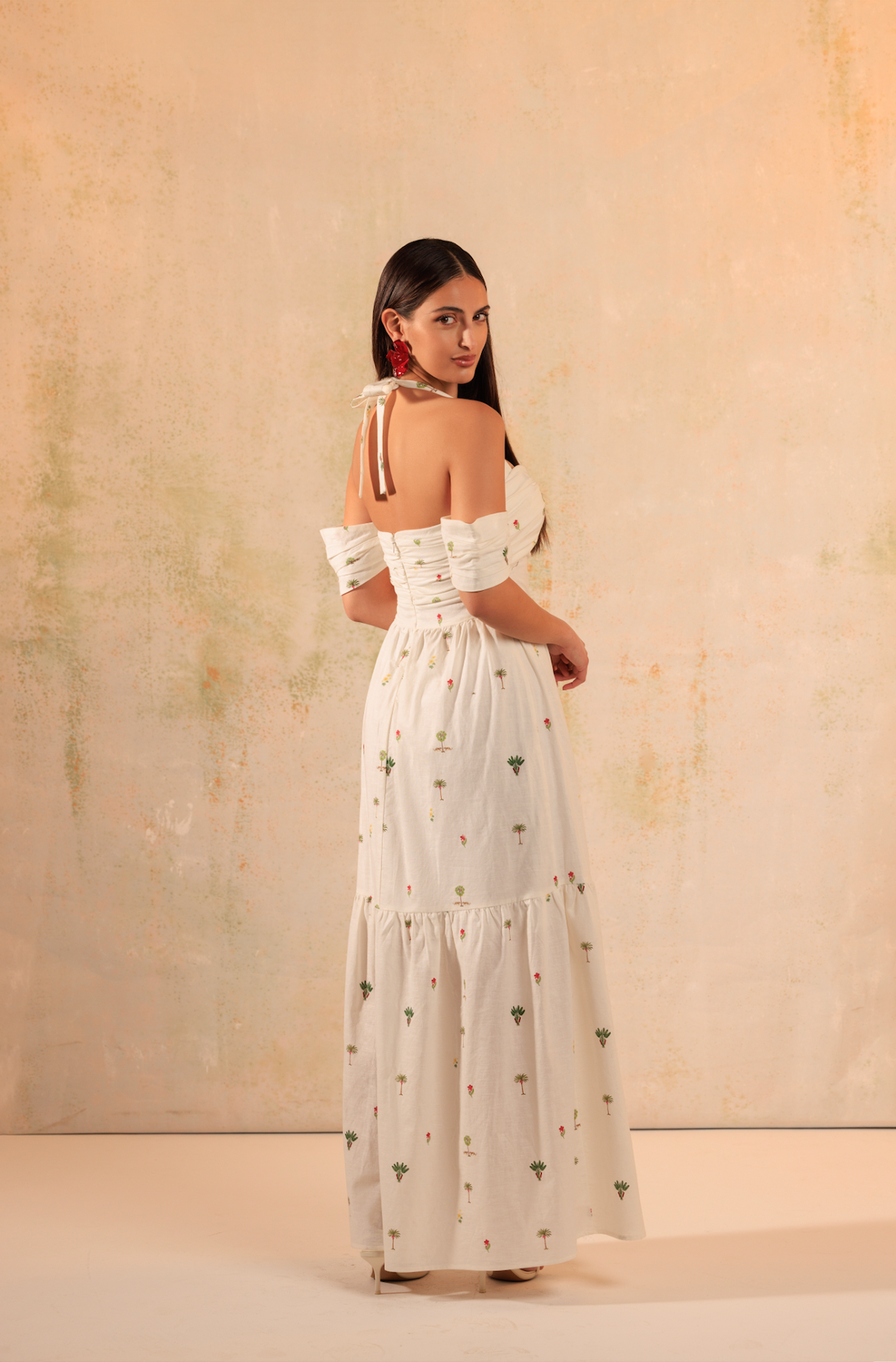 White Tropical Whisper: Tie Neck Maxi Linen Dress