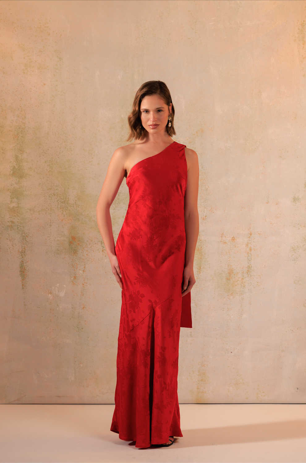 Red Satin Jacquard One-Shoulder Maxi Bias Cut Dress