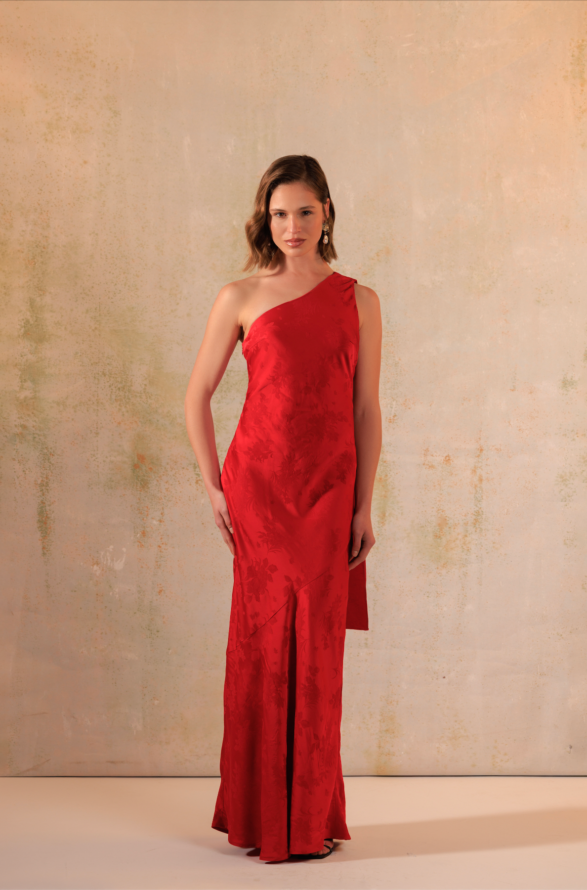 Red Satin Jacquard One-Shoulder Maxi Bias Cut Dress