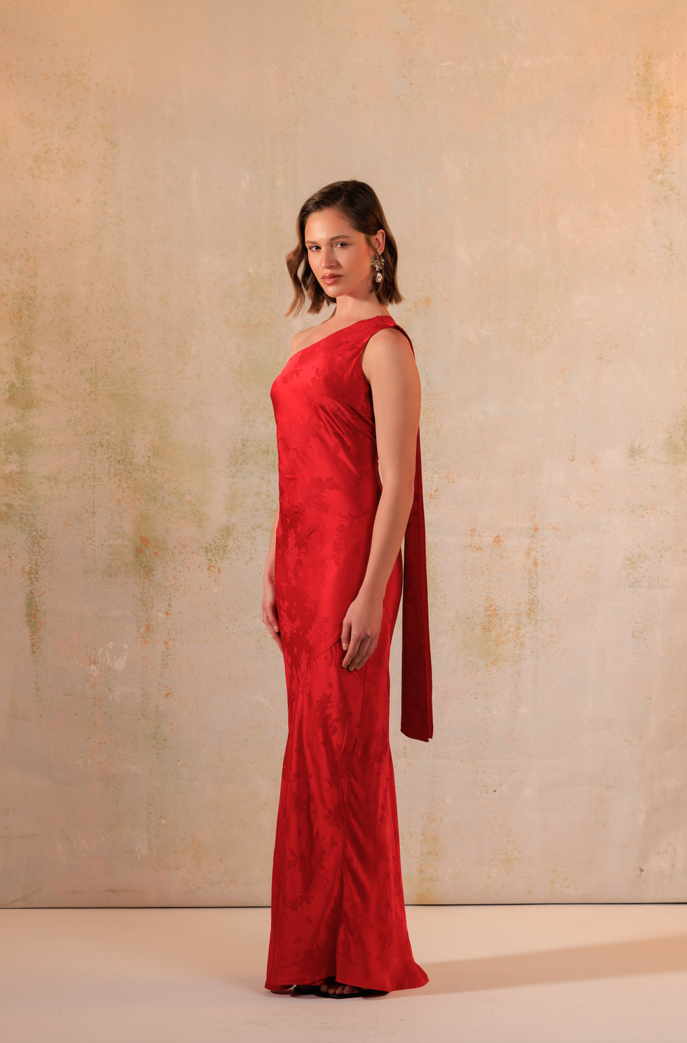 Red Satin Jacquard One-Shoulder Maxi Bias Cut Dress