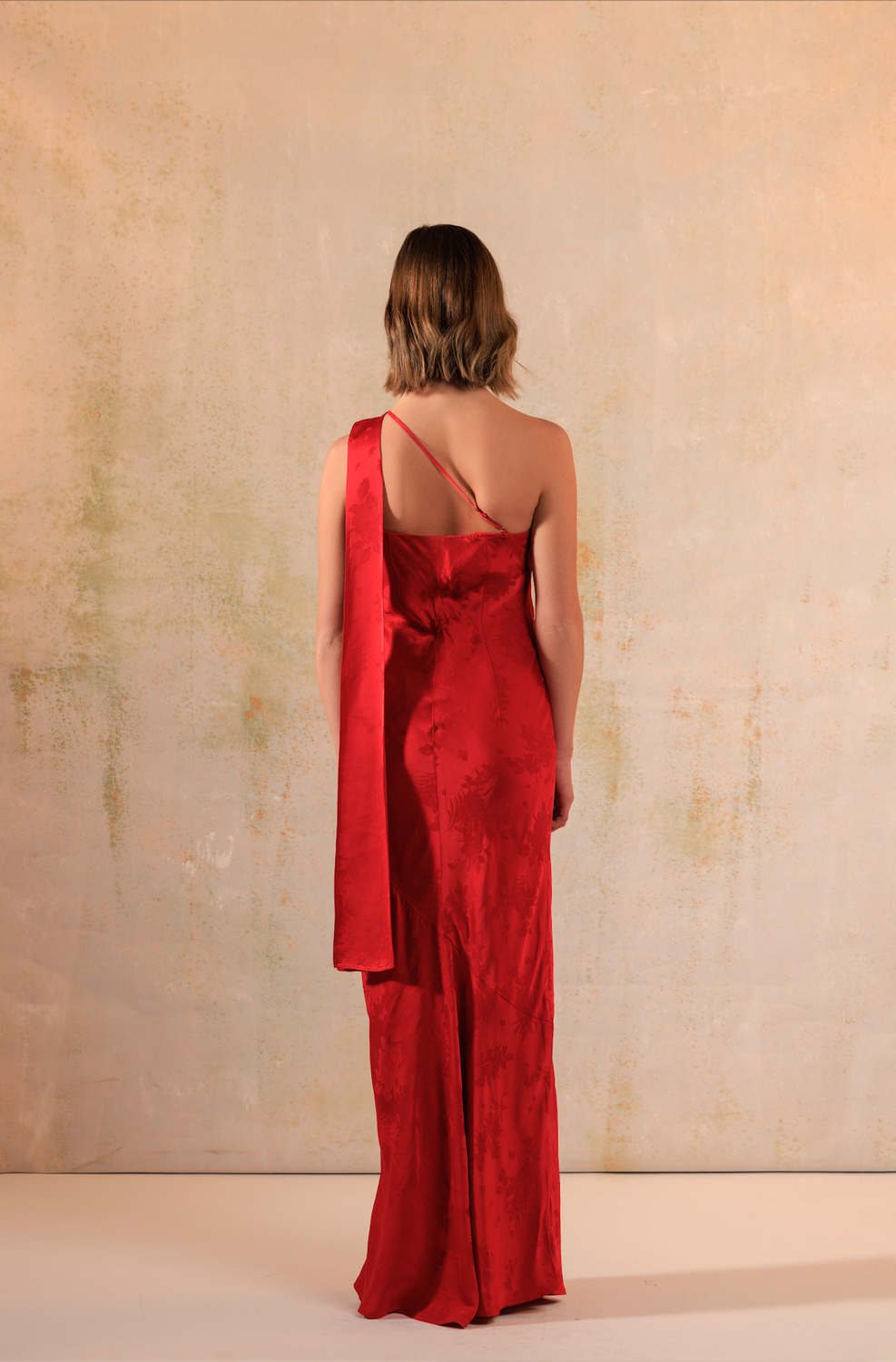 Red Satin Jacquard One-Shoulder Maxi Bias Cut Dress