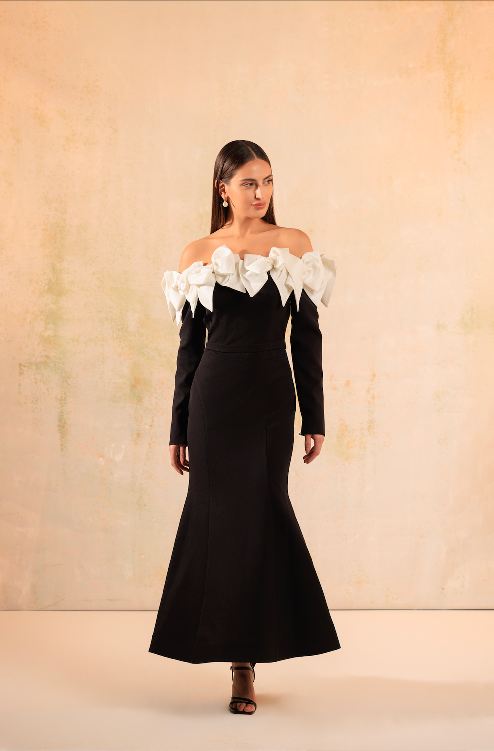 Black and White Off-Shoulder Hourglass Crepe Dress