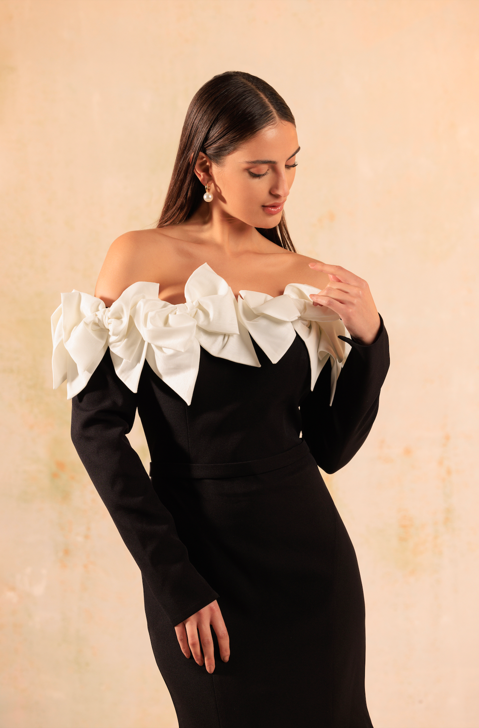 Black and White Off-Shoulder Hourglass Crepe Dress