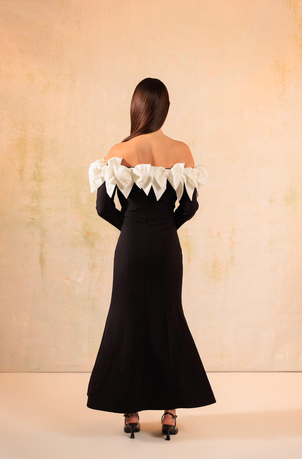 Black and White Off-Shoulder Hourglass Crepe Dress