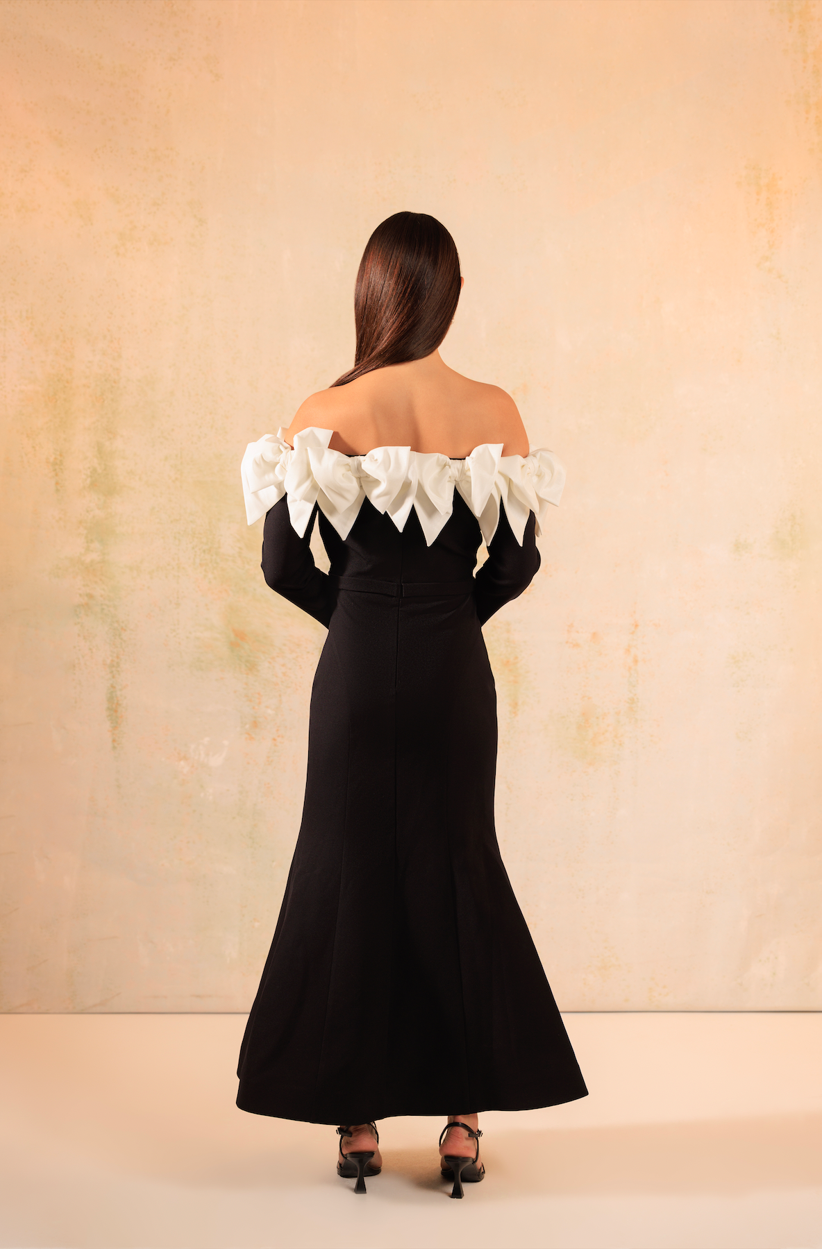 Black and White Off-Shoulder Hourglass Crepe Dress