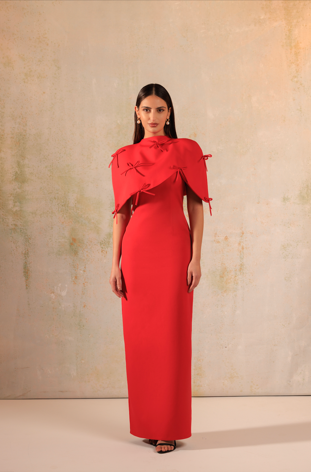 Red Maxi Crepe with Bow Decorations Dress