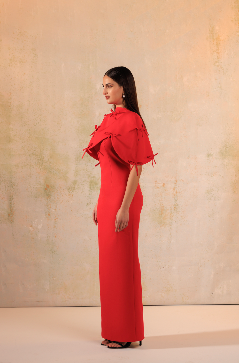 Red Maxi Crepe with Bow Decorations Dress