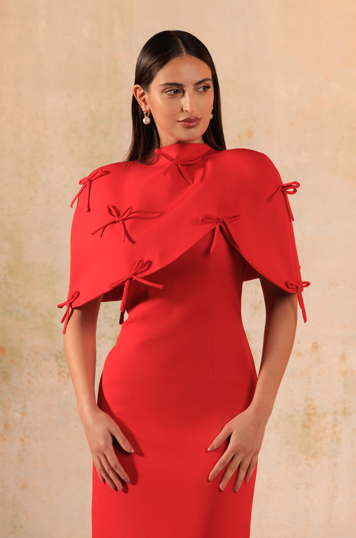 Red Maxi Crepe with Bow Decorations Dress