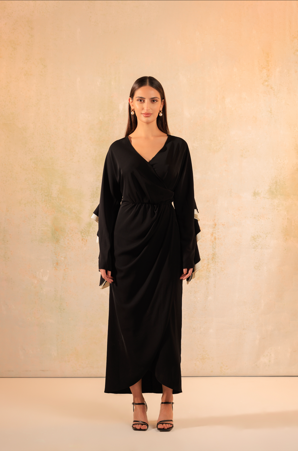 Black and White Wrap Crepe with Ruffled Sleeve Dress